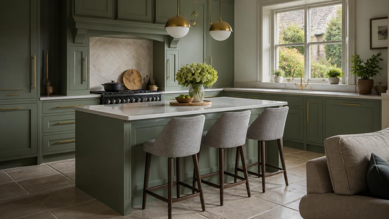 Newly fitted green and white kitchen with island and bar stools