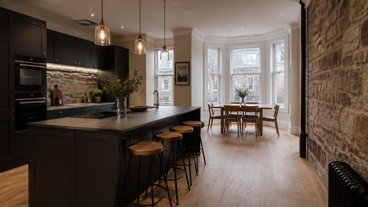 Open-plan kitchen with large island and wooden flooring